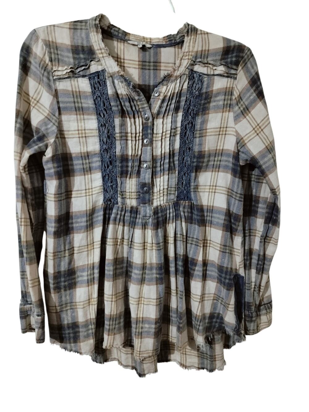 5828)BKE Women Plaid Pintuck Babydoll Lace Western Boho Large Blouse